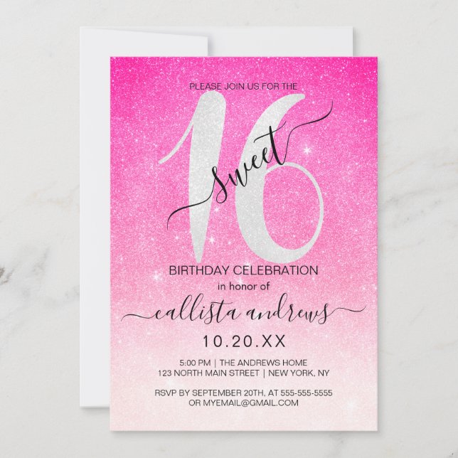 Invitation Fille Neon rose Parties scintillant blanche Ombre  (Devant)