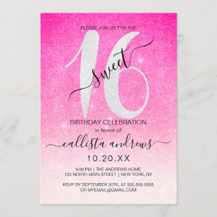 Invitation Fille Neon rose Parties scintillant blanche Ombre 