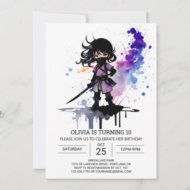 Invitation Fille Ninja Cute Custom Anniversaire (Devant)