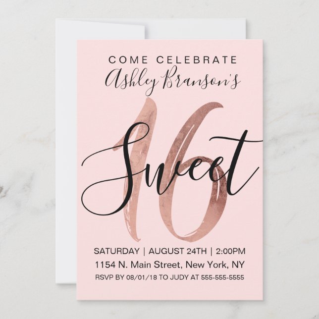 Invitation Fille Noir Blush Rose Rose Or Foil Douce 16 (Devant)