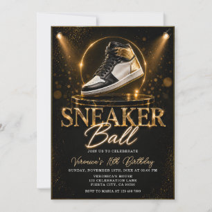 Invitation fille noir or glamour 16e anniversaire sneaker bal