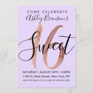 Invitation Fille Noir Violet Rose Or Foil Sweet 16