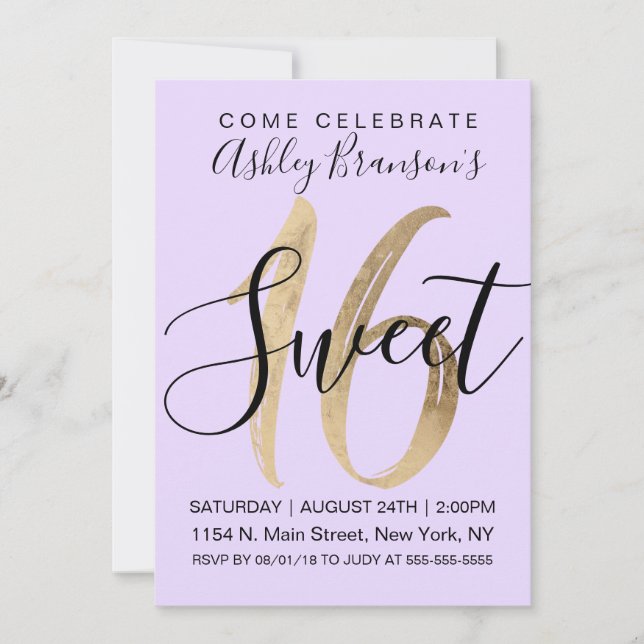Invitation Fille Noire Purple Gold Foil Sweet 16 (Devant)