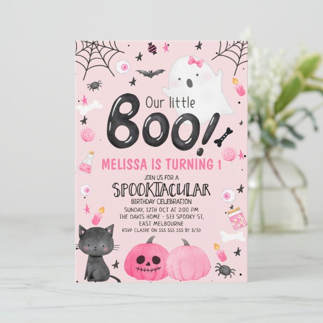 Invitation Fille noire rose Notre Petit Boo Halloween Anniver (Debout devant)