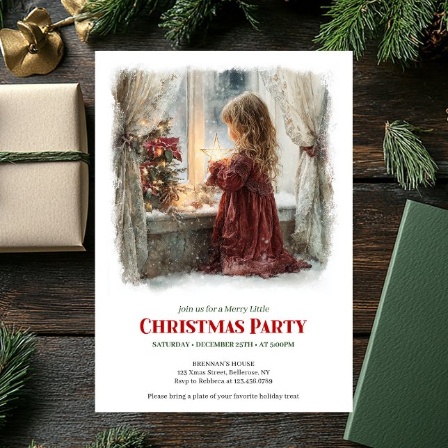 Invitation Fille nostalgique attend le Père Noël numérique No (Nostalgic girl awaits Santa digital Christmas invite)