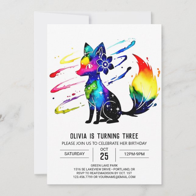 Invitation Fille numérique de Fox violet personnalisé Anniver (Devant)