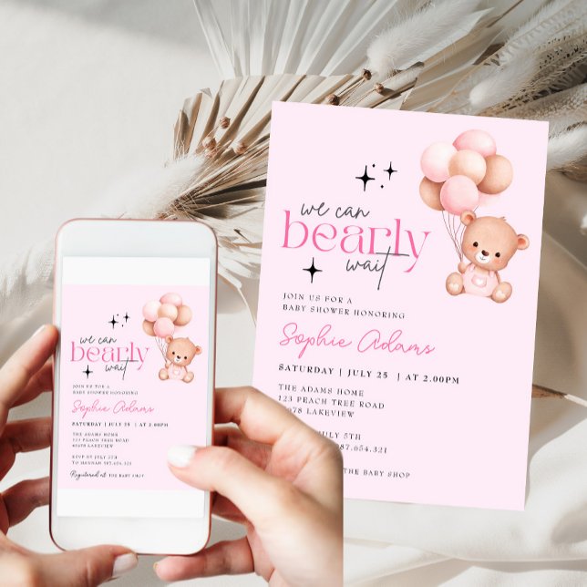 Invitation Fille On Peut Attendre Teddy Baby shower Ours (Créateur téléchargé)
