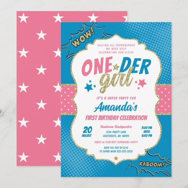 Invitation Fille Onder Rose et Bleu Premier Anniversaire (Devant / Derrière)