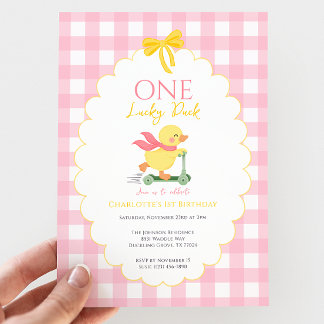 Invitation Fille One Lucky Duck Gingham rose 1er anniversaire