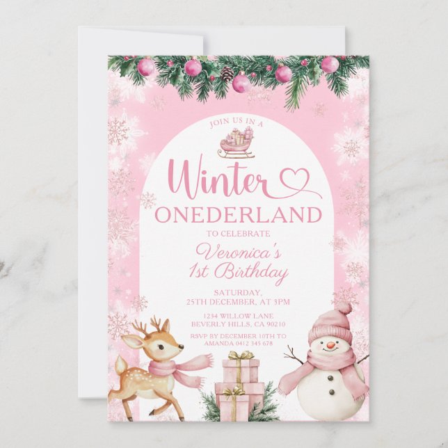 Invitation Fille Onederland Hiver Rose Anniversaire Flocons d (Devant)