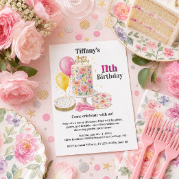 Invitation Fille onze ans gâteau d'anniversaire fête rose flo