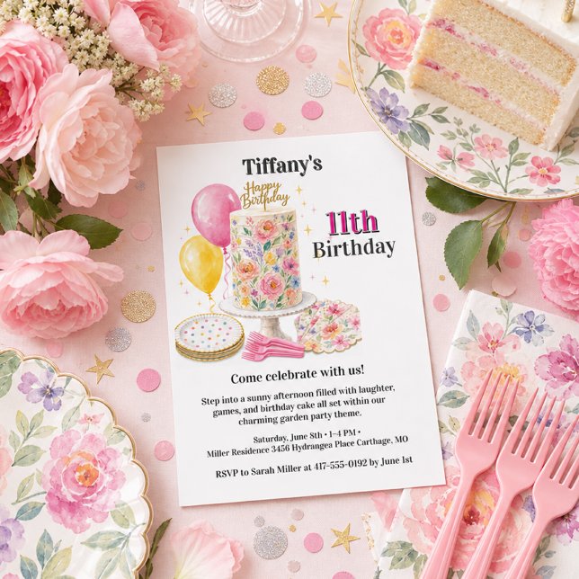 Invitation Fille onze ans gâteau d'anniversaire fête rose flo (Créateur téléchargé)