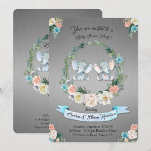 Invitation Fille ou garçon Baby shower éléphant,Métal argenté