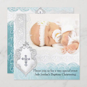 Invitation Fille ou garçon Baptême Turquoise blanc dentelle C