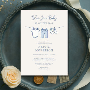Invitation Fille ou Garçon en Jean Bleu Bébé sur le Chemin Fê