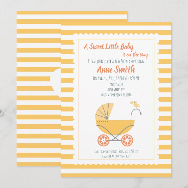 Invitation Fille ou garçon Fête de naissance calèche jaune (Devant / Derrière)
