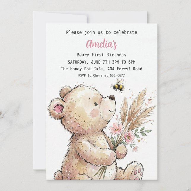 Invitation Fille ours aquarelle douce Anniversaire (Devant)