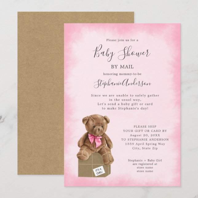 Invitation Fille ours Baby shower par courrier (Devant / Derrière)