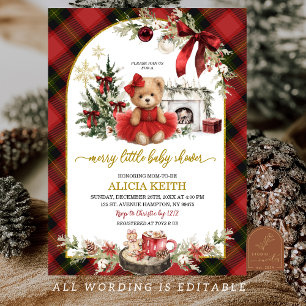 Invitation Fille Ours Luxe Noël Tartan à Carreaux Rouges