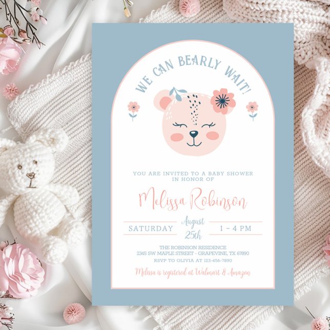 Invitation Fille Ourse Visage Rose Bleu Baby Shower (You can change the blue background and the white backside background color to whatever you prefer.)