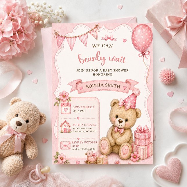 Invitation Fille ourson Baby Shower (Créateur téléchargé)
