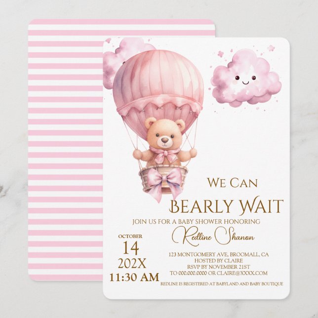 Invitation Fille Ourson Baby Shower (Devant / Derrière)