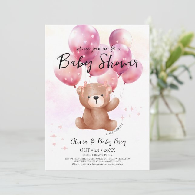 Invitation Fille Ourson Baby Shower  (Debout devant)