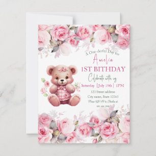 Invitation Fille Ourson Bohème Ours Rose Fleur Anniversaire
