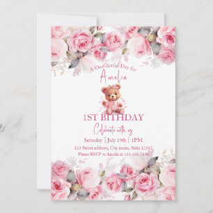 Invitation Fille Ourson Bohème Ours Rose Fleurs Anniversaire