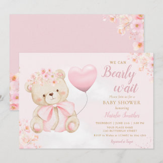 Invitation Fille Ourson Bohème Rose à peine attendre Baby Sho