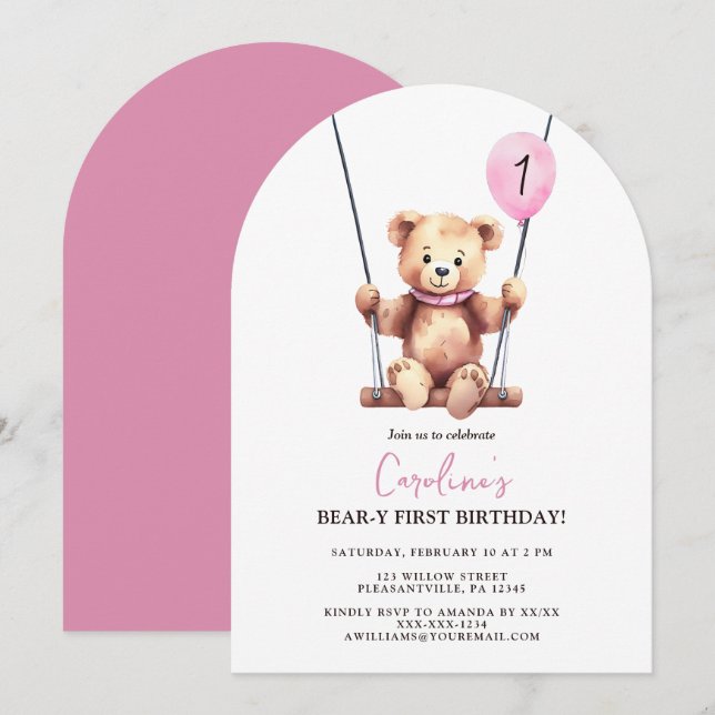 Invitation Fille Ourson Premier Anniversaire (Devant / Derrière)