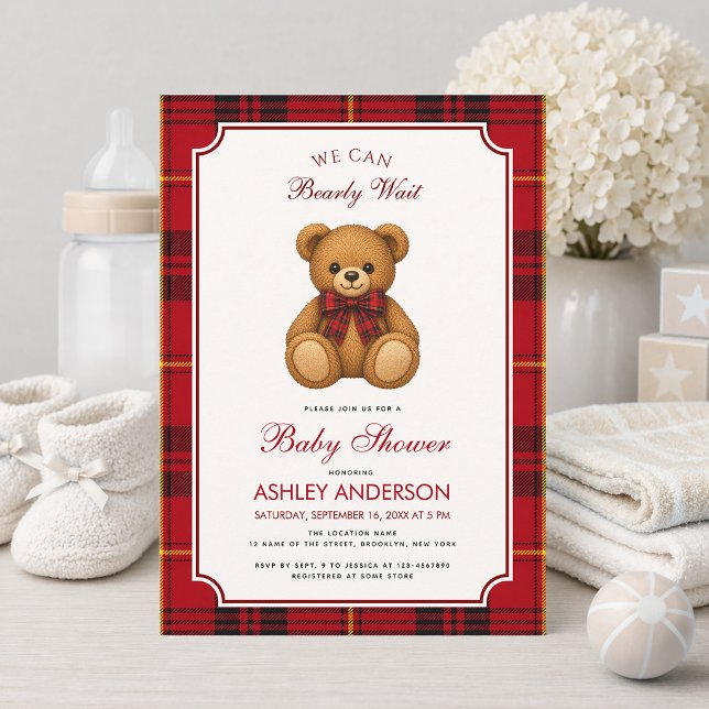 Invitation Fille Ourson Préparé Fête de Naissance Plaid Rouge (Créateur téléchargé)