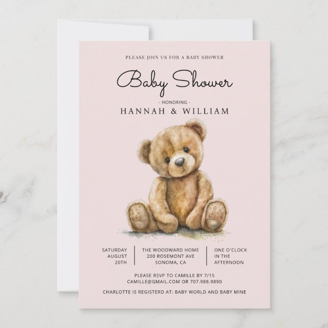 Invitation Fille Ourson Rose Pâle Baby Shower (Devant)