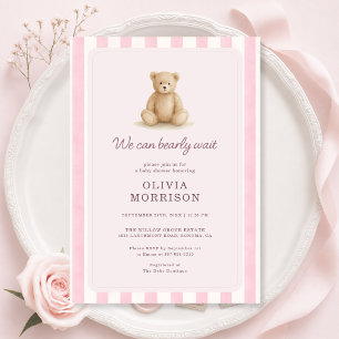 Invitation Fille Ourson Rose Rayures Baby Shower