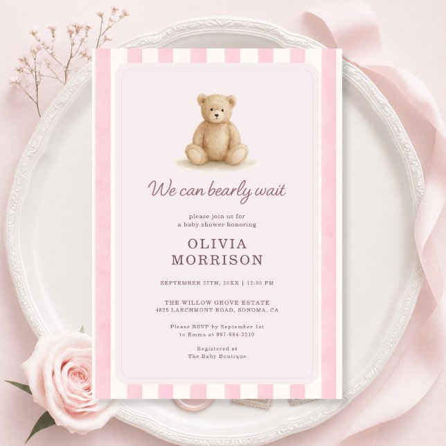 Invitation Fille Ourson Rose Rayures Baby Shower (Créateur téléchargé)