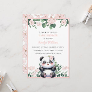 Invitation Fille Panda Mignonne Verdure Fleur Rose Baby Showe