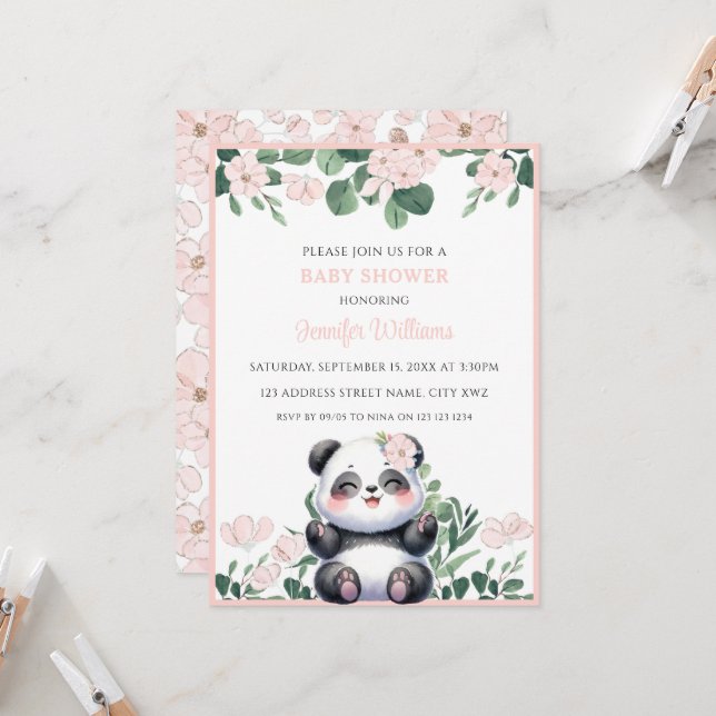 Invitation Fille Panda Mignonne Verdure Fleur Rose Baby Showe (Devant/Arrière en situation)