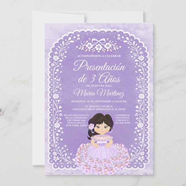 Invitation Fille Papel Picado Violet Présentation de 3 Ans (Devant)