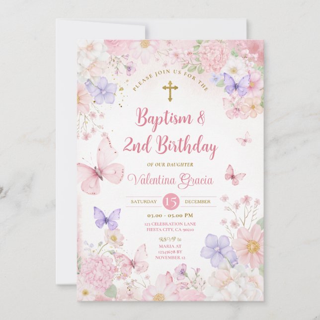 Invitation Fille Papillon Rose Blush 2ème Anniversaire Baptêm (Devant)