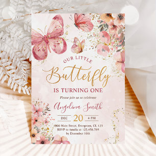 Invitation Fille papillon rose floral 1er anniversaire fête