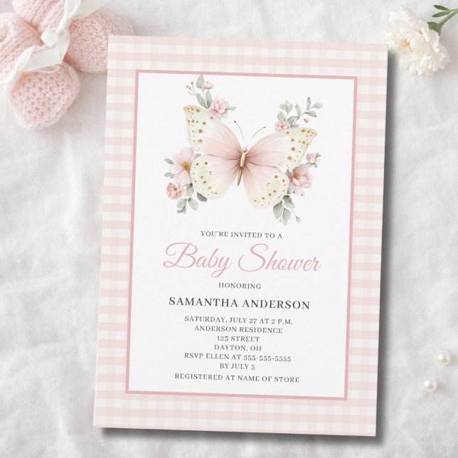 Invitation Fille Papillon Rose Gingham Floral Baby Shower  (Créateur téléchargé)