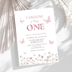 Invitation Fille papillon rose premier anniversaire
