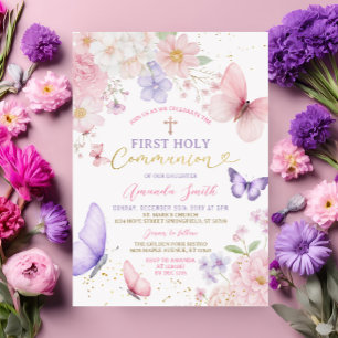 Invitation Fille papillon rose violet Première communion