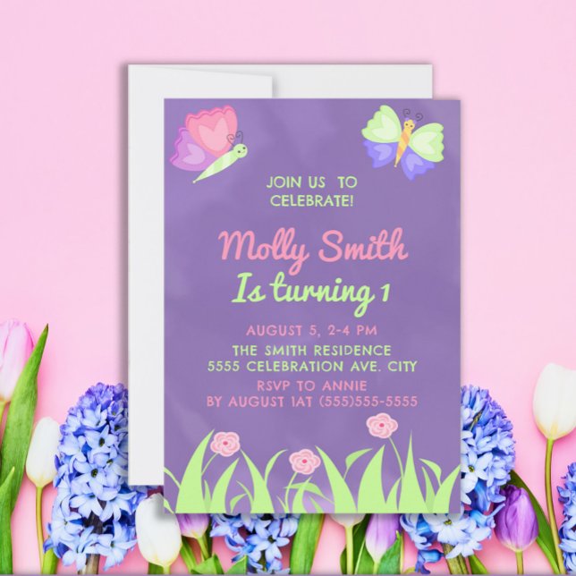 Invitation Fille Papillons Rose Violet 1er Anniversaire (Créateur téléchargé)