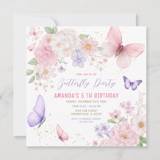 Invitation Fille Papillons Rose Violet 5ème Anniversaire (Devant)