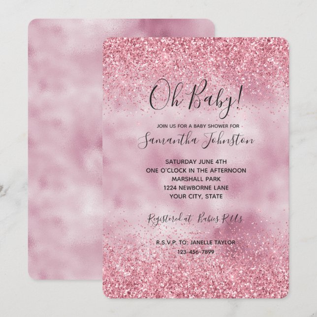 Invitation Fille Parties scintillant de verre rose étincelant (Devant / Derrière)
