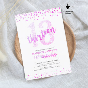 Invitation Fille Parties scintillant rose chaud Confetti 13e