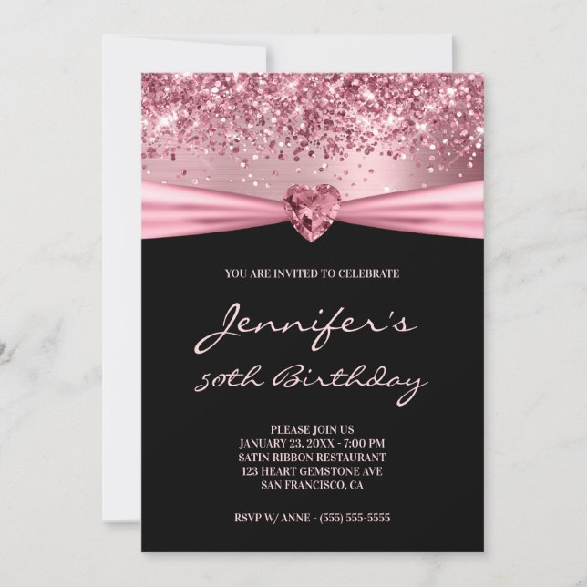 Invitation Fille Parties scintillant rose Foil Gem Coeur 50e  (Devant)