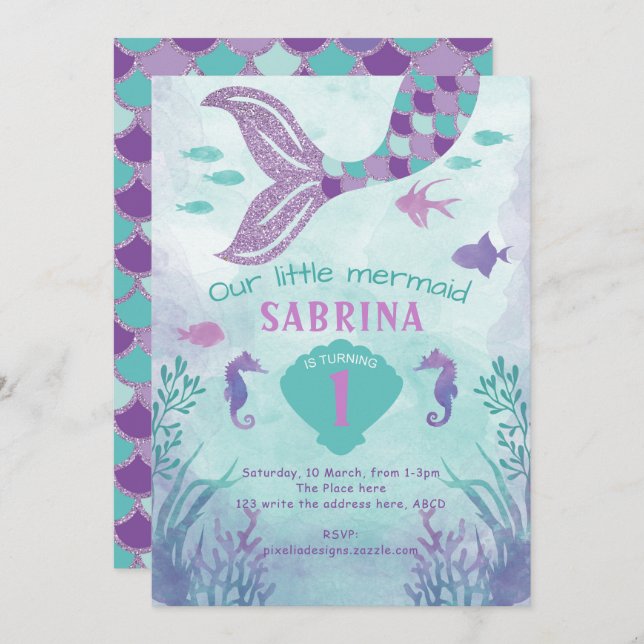 Invitation Fille, Parties scintillant, Sirène, Queue, Sous la (Devant / Derrière)