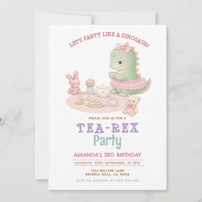 Invitation Fille Pastel Anniversaire 3 ans Dinosaure Tea-Rex (Devant)